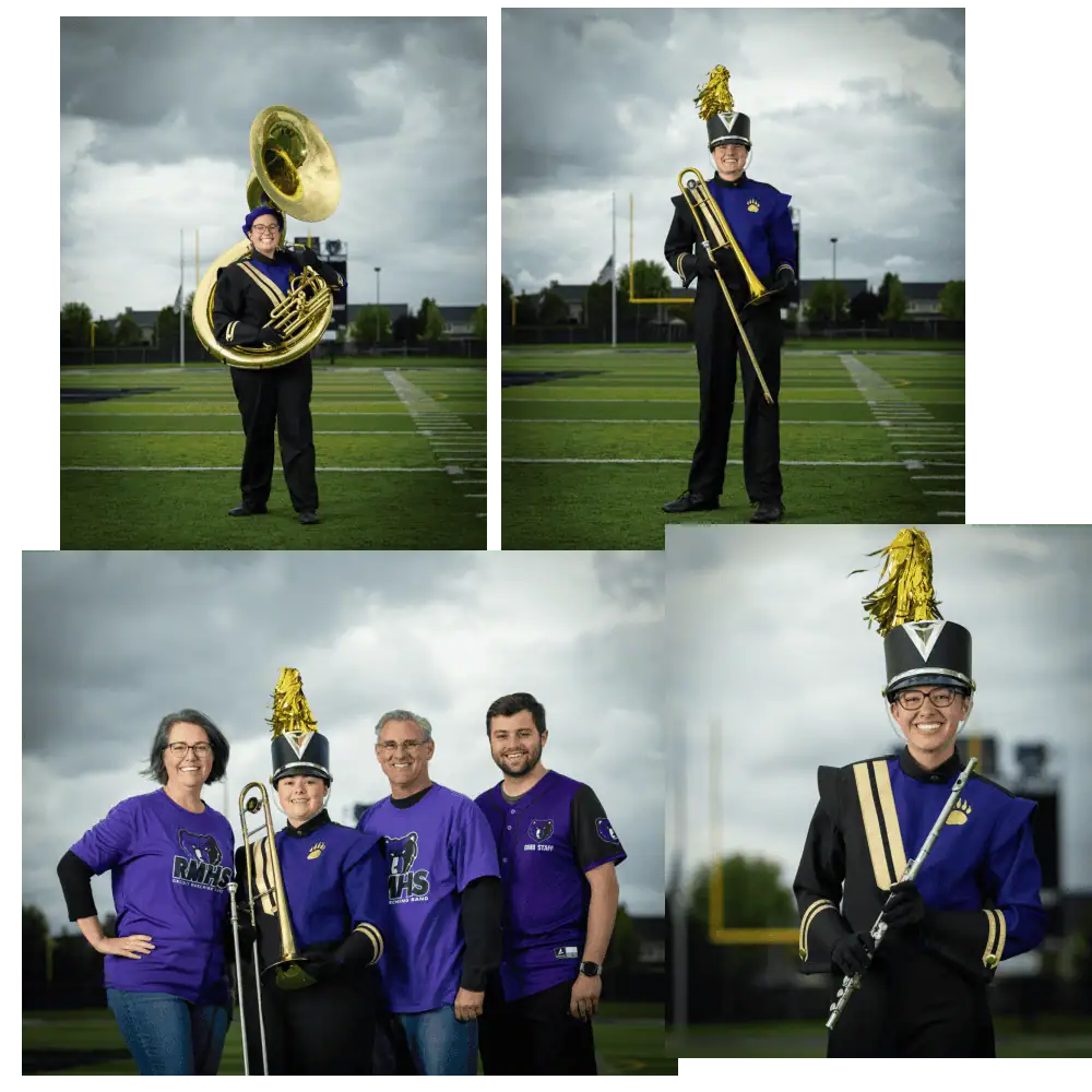 Collage of professional marching band portraits featuring drummer, color guard member, and saxophonist from Rocky Mountain High School